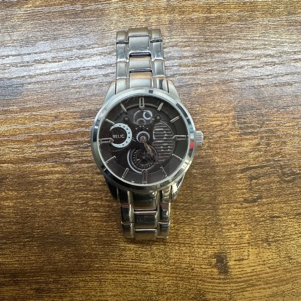 Relic by Fossil Mens Watch ZR77121 Stainless Steel Skeleton Dial Silver Black
